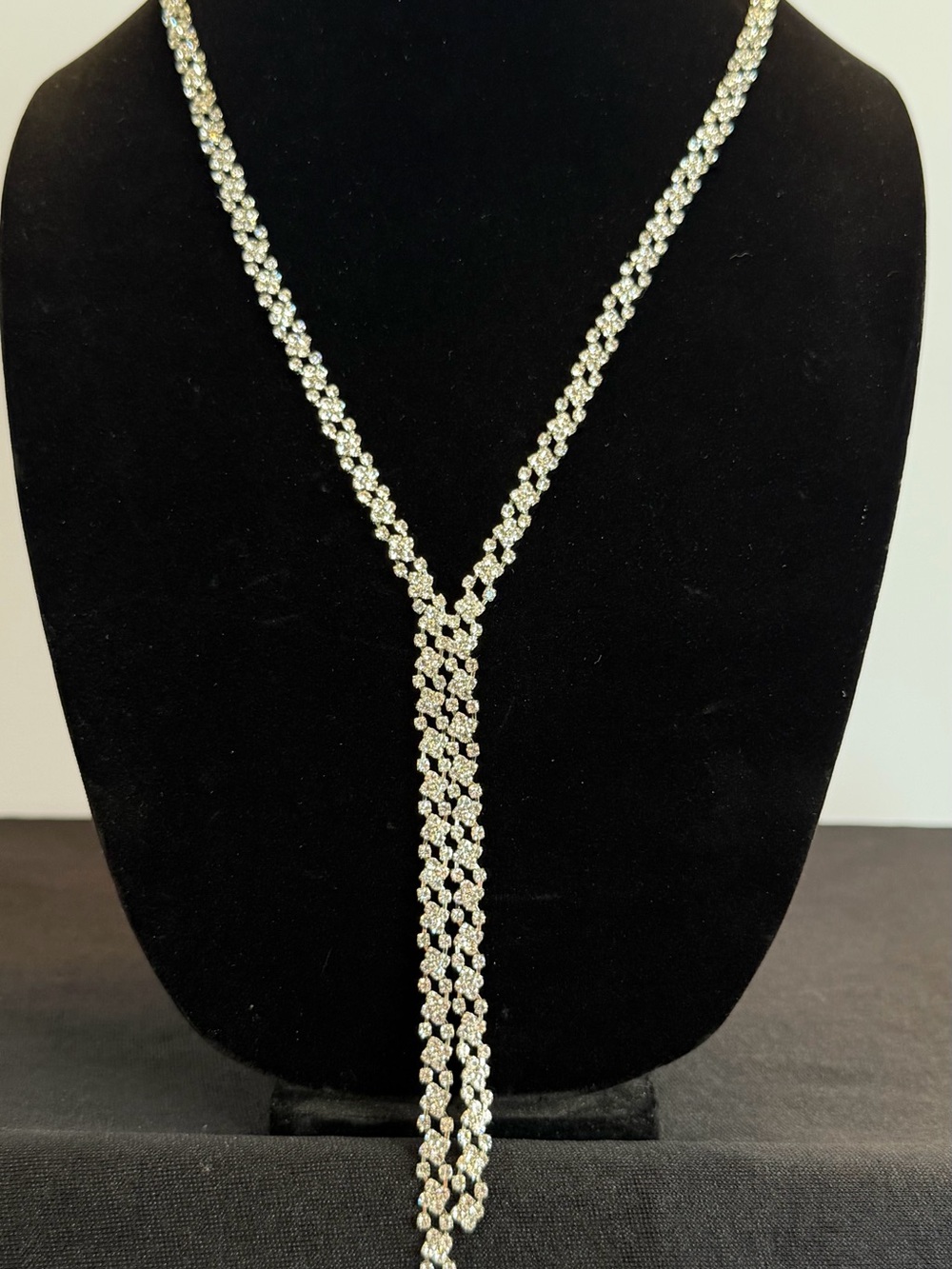 Crystal Lariat Necklace - Silver Rhinestone Y-Drop